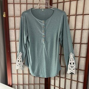Amazon Women's Blue Teal Long Sleeve Top with Lace Detail PTP 23 inches